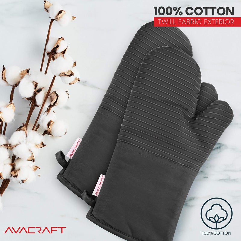 AVACRAFT Oven Mitts Pair, Flexible, 100% Cotton with Unique Heat Resistant Food Grade Silicone, Thick Terry Cloth Interior, 500 F Heat Resistant (Grey Oven Mitts) - Image 2